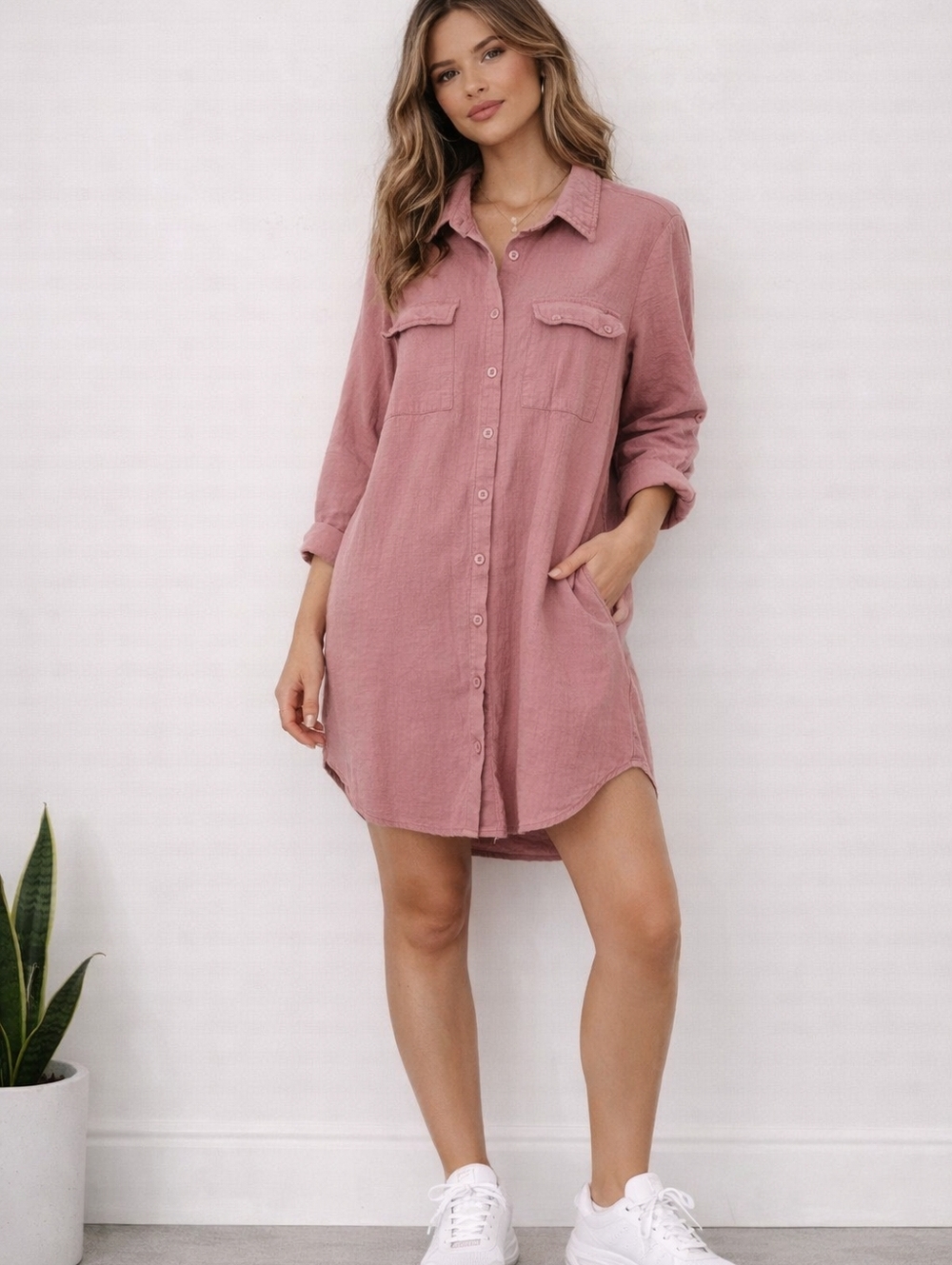 Cotton Dusty Rose Button Front Dress